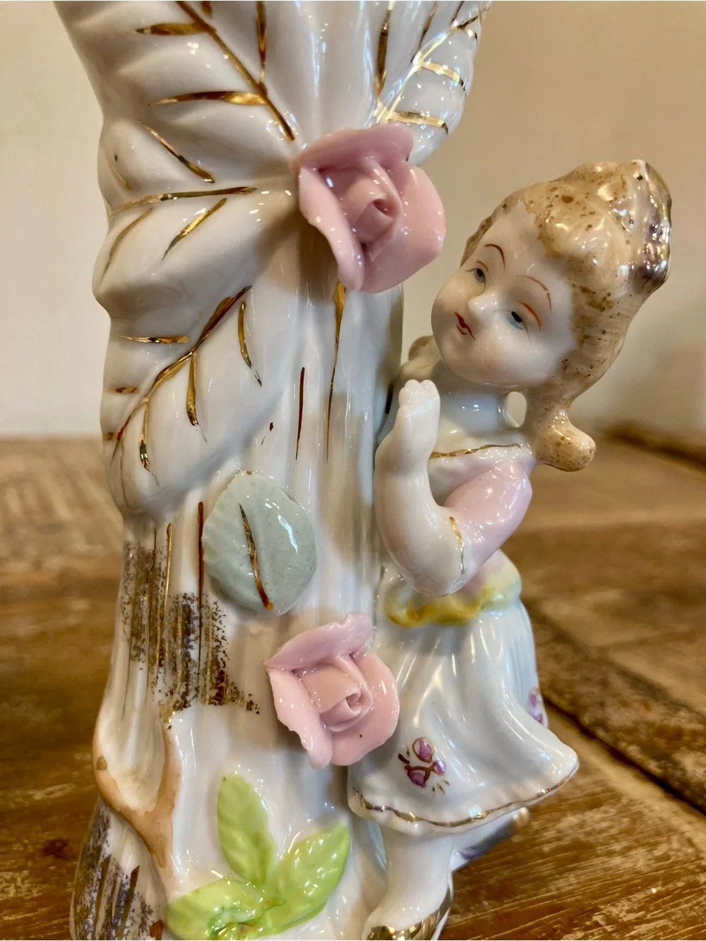 Pair of Boy & Girl Floral Mantel Vases in White & Gold Roses